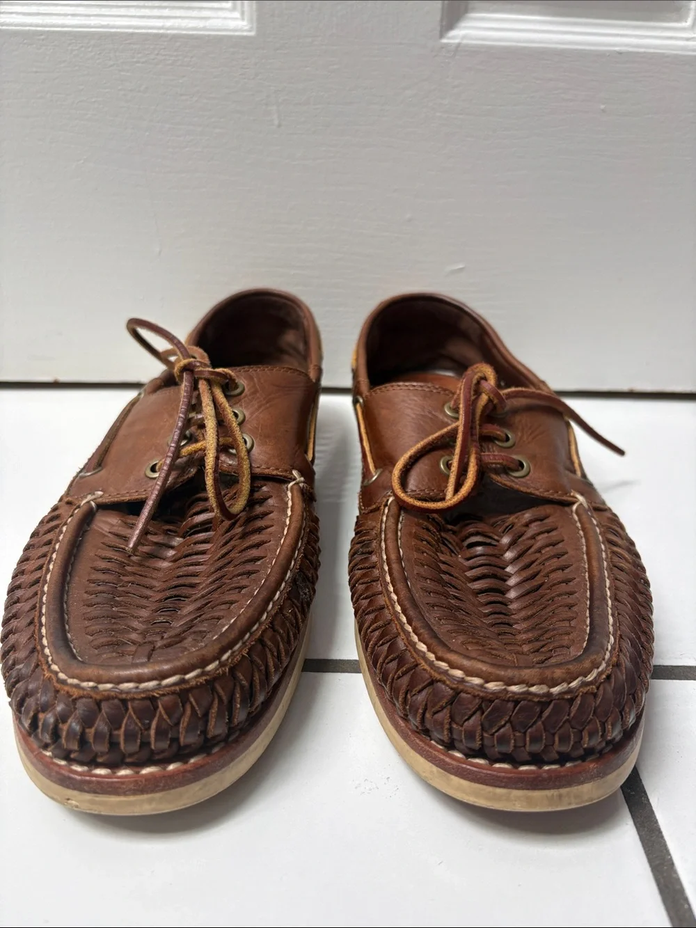 Frye Men's Sully Woven Leather Lace-Up Brown Boat Venetian Shoes Loafers Size 11